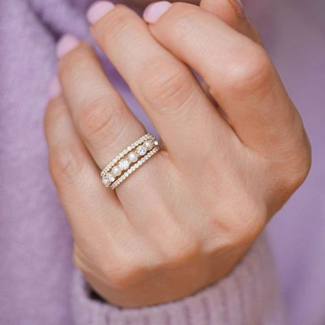 Pearl Wedding Band With Diamond Engagement Ring, Nontraditional Wedding Rings, Pearl Wedding Band, Pearl Wedding Bands, Stacked Wedding Bands, Push Present, Prong Ring, Stacking Ring Set, Ring Stack