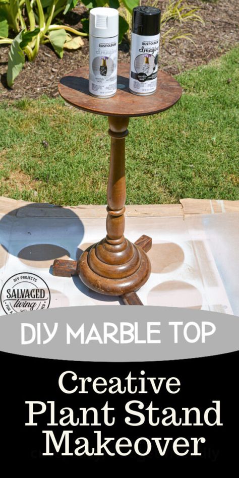 DIY Marble Plant Stand Makeover - Salvaged Living Plant Stand Upcycle, Plant Stand Paint Ideas, Marble Plant Stand, Painted Plant Stand Ideas, Repurposed Plant Stand Ideas, Wooden Plant Stand Diy, Upcycled Plant Stand, Make A Plant Stand, Diy Pedestal Stand