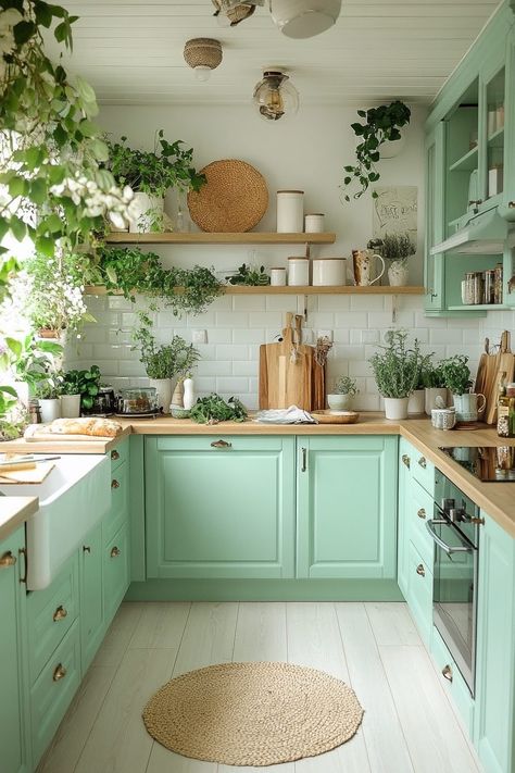 29 Kitchen Cabinet Color Ideas to Add Personality to Your Kitchen Pastel Kitchen Cabinet, Pastel Green Kitchen, Purple Kitchen Designs, Light Green Kitchen, Cabinet Color Ideas, Mint Green Kitchen, Mint Kitchen, Kitchen Cabinet Color, Kitchen Cabinet Color Ideas