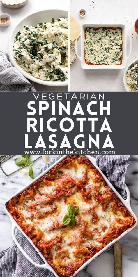 The ultimate comfort food: Vegetarian Spinach Ricotta Lasagna. It’s made with a cheesy layer of ricotta cheese and a flavorful spinach mixture, alongside homemade tomato sauce, freshly shredded mozzarella cheese, all in between fresh pasta sheets. It’s irresistibly delicious! Lasagna Recipe Cheese Meatless, Spinach Ricotta Lasagna Filling, Vegetable Lasagna Recipe With Ricotta, Gluten Free Vegetarian Lasagna Recipe, Cheese And Spinach Lasagna, Lasagna With Cottage Cheese And Spinach, Spinach And Feta Lasagna, Vegetarian Ricotta Recipes, Vegetarian Lasagna Recipe Spinach