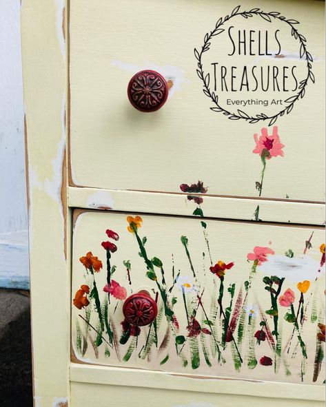 Wildflower Painted Furniture, Hand Painted Wild Flowers, Flower Dresser Painted, Sunflower Dresser Painted Furniture, Flowers Painted On Furniture, Front Pillars, Dresser Inspo, Painting Bookcase, Project Room