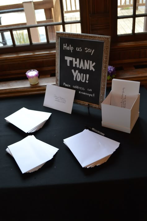 Envelope Address Station, Thank You Card Envelope Sign, Thank You Envelope Station, Thank You Envelopes Sign, Thank You Card Station, Grad Party Advice Ideas, Grad Party Thank You Cards, Graduation Thank You, Graduation Party Card Box Ideas