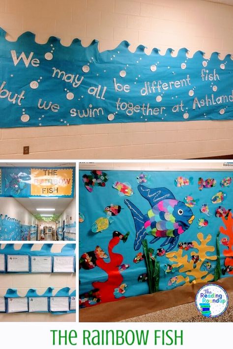 Fish Bulletin Board Ideas, Rainbow Fish Bulletin Board, Books Bulletin Board, Fish Bulletin Boards, Literacy Bulletin Boards, Sea Bulletin Board, Rainbow Fish Activities, Ocean Bulletin Board, Beach Classroom