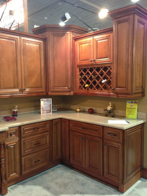 chestnut cabinets. Love this color of cabinets. English Chestnut Kitchen Cabinets, Tone Down Orange Wood Cabinets, Chestnut Kitchen Cabinets, Chestnut Cabinets, Kraftmaid Bathroom Cabinets, Cabinet Kitchen Ideas, Kraftmaid Shortbread Cabinets, Chestnut Kitchen, Dream House Ideas Kitchens