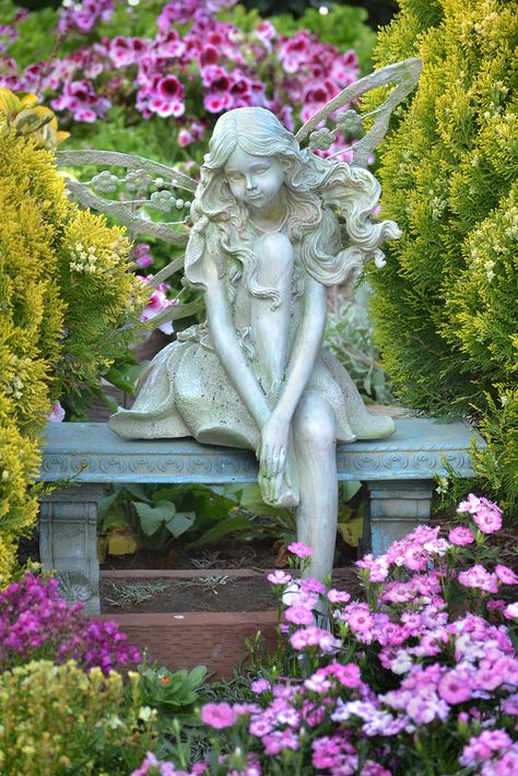 Fairyland | A fairy watches her garden grow at the Carlsbad … | Flickr Outdoor Reading, Carlsbad Flower Fields, Fairy Statues, Reading Nooks, The Secret Garden, Gorgeous Gardens, Fairy Land, Garden Ornaments, Garden Statues