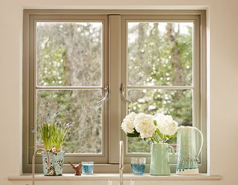 Window Frame Colours, Painted Window Frames, Small Bedroom Inspiration, Small Country Homes, Window Sill Decor, Cottage Windows, Wooden Window Frames, Indoor Window, Timber Windows