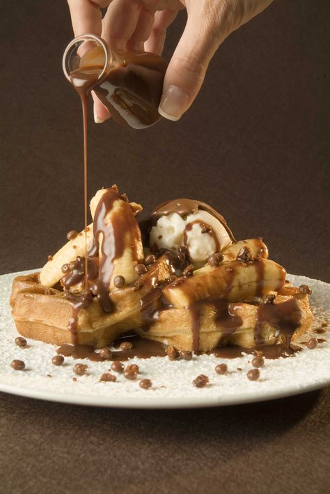 Banana Split Waffle from Max Brenner Max Brenner, Waffle Shop, Cafe Inspiration, Bald Man, Best Ice Cream, Banana Split, Frozen Yogurt, Food Cravings, Custard