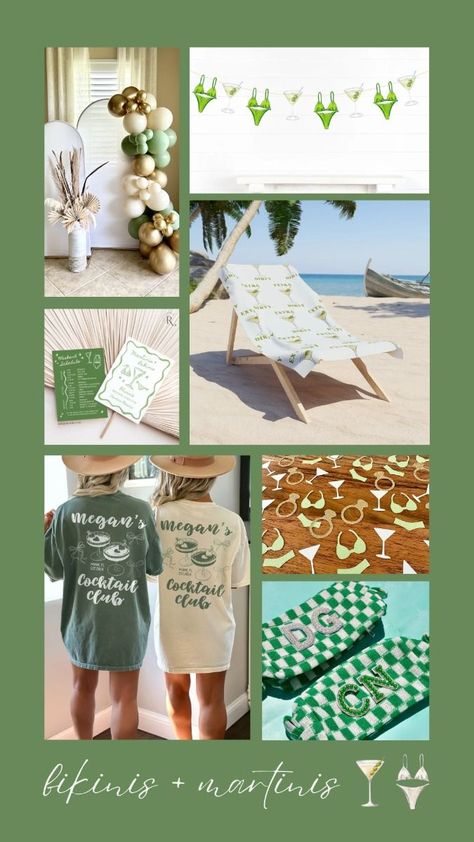 Martinis And Bikinis Bachelorette Theme, Martini And Bikinis Bachelorette, Pool Party Bachelorette Theme, Bachelorette Party Ideas Green, Green And Pink Bachelorette Party, Beach Club Bachelorette Theme, Martinis And Matrimony, Bikinis And Martinis Bach Party Decor, Martini Bachelorette Party Theme