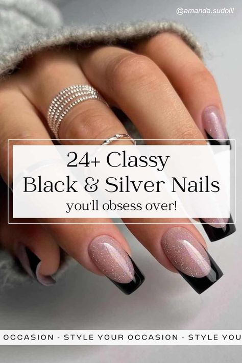 24+ Stunning Black and Silver Nails For A Next-Level Aesthetic! Black And Silver Dipped Nails, Black Dress Nail Ideas Wedding, Silver Nails Sns, Black Tie Nail Designs, Wedding Nails For Black Dress, Silver Nails With Black Design, Matte Black And Silver Nails, Black And Gray Nail Ideas, Nails For Black Tie Wedding