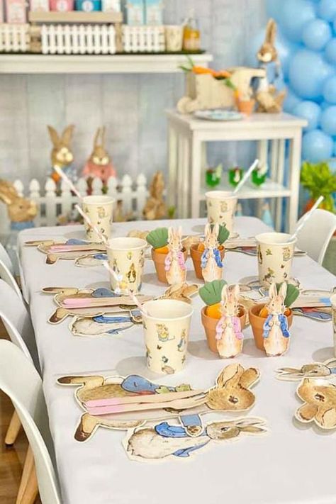 Don't miss this gorgeous Peter Rabbit 1st birthday party! The table settings are so sweet! See more party ideas and share yours at CatchMyParty.com  #catchmyparty #partyideas #peterrabbbitparty #1stbirthdayparty #peterrabbit #tablesettings Rabbit Theme Party, Peter Rabbit Theme Party, Rabbit Birthday Party, Peter Rabbit Theme, Peter Rabbit Cake, Rabbit Theme, Peter Rabbit Birthday, Bunny Birthday Party, Peter Rabbit Party