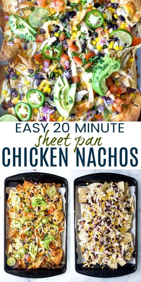 20 minutes  Gluten free  Serves 8-10 Easy Chicken Nachos, Chicken Nachos Recipe, Recipe Sheet, Nachos Recipe Easy, Sheet Pan Chicken, Pan Recipe, Chicken Nachos, Nachos Recipe, Pan Chicken