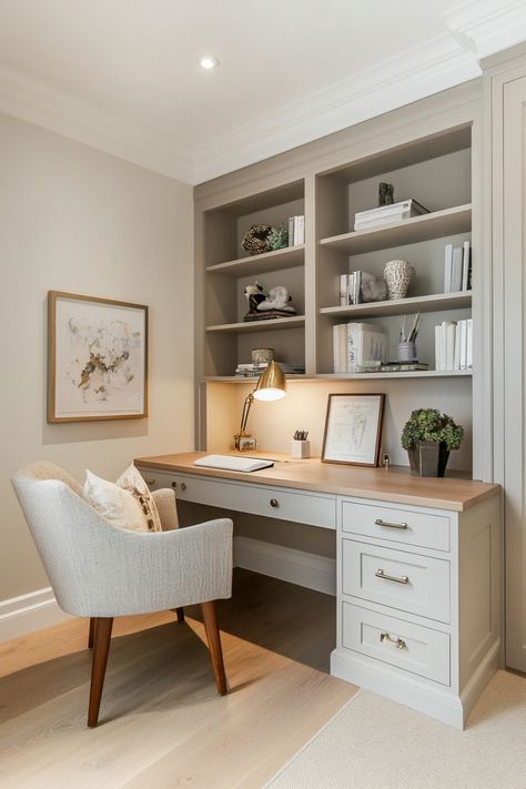 Get your small moody office perfectly set up with these tips on decor and ideas for design. Small Work Space Ideas Bedrooms, Shea Mcgee Home Office, Small Desk Area In Kitchen, Study And Dressing Room, Playroom Office Ideas, Mudroom And Office Combo, Office And Book Room, Small Study Design, Desk In Entryway