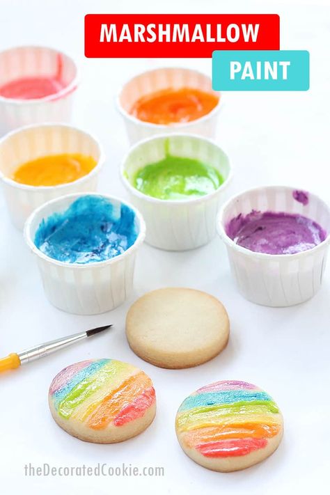 Edible marshmallow paint for kids! Colorful alternative to icing to decorate cookies. Rainbow Painting For Kids, Marshmallow Paint, Baking With Children, Kid Friendly Cookies, Cooking Illustration, Hard Crafts, Kids Food Crafts, Illustration Children, Kids Baking