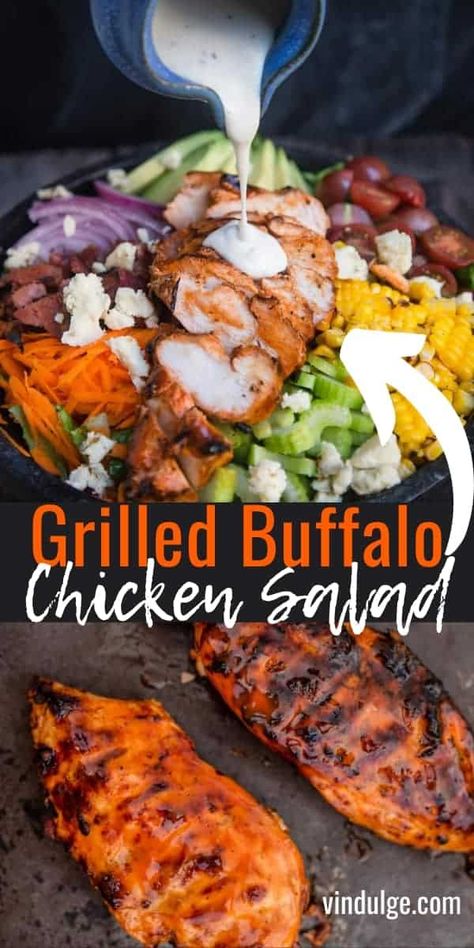 Delicious grilled buffalo chicken placed on top of a healthy salad. This is a great dinner salad. Buffalo Chicken Salad Recipe, Grilled Buffalo Chicken, Healthy Grilled, Buffalo Chicken Salad, Grilled Dinner, Dinner Salad, Chicken Salad Recipe, Salad Pasta, Healthy Grilling