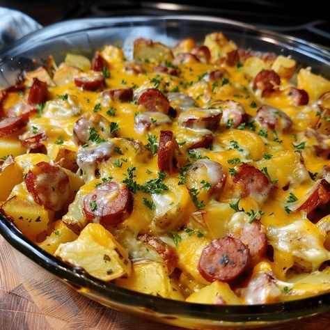 Easy Cheesy Potato & Smoked Sausage Casserole Recipe - elianarecipes.com Recipe With Link Sausage, Sausage Scalloped Potatoes, Summer Sausage Casserole, Easy Dinner Recipes With Sausage Links, Potato And Ground Sausage Recipes, Potatoe And Sausage Casserole Recipes, Cheesy Potatoes And Kielbasa, Smoked Sausage Potatoes And Peppers, Kilbasa Sausage Potato Bake