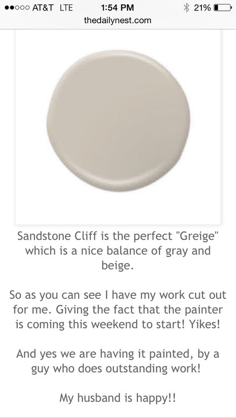 SANDSTONE CLIFF by Behr After much research I finally decided to use Sandstone as one of my interior colors for the main rooms. The color is a nice "greige", BUT was definitely lighter than expected. An easy go to color -just wish it would have been a tad darker. Behr Sandstone Cliff, Sandstone Cliff Behr Paint, Modern Exterior Paint Colors, Interior Paint Colors For Living Room, Greige Paint, Interior Paint Colors Schemes, Walk In Shower Designs, Paint Color Schemes, Exterior Paint Colors For House