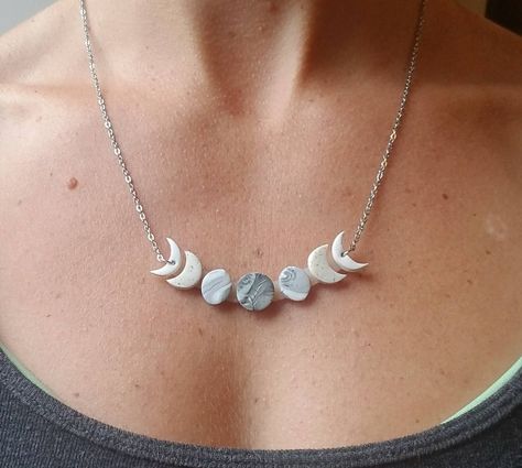 Polymer Clay Moon Phase Necklace Moon Phases Necklace - Etsy Polymer Clay Moon Necklace, Polymer Clay Moon Phases, Polymer Necklace Pendant, Celestial Clay Art, Moon Phases Earrings, Polymer Clay Moon Pendant, Polymer Clay Necklace Charms, Clay Crafts Necklace, Polymer Clay Jewelry Necklace