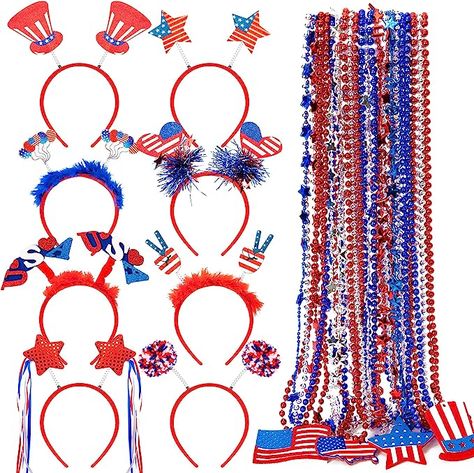 Celebrating the Independence - The headband and necklace feature a colorful design that is inspired by the American flag, decorated with playful pattern, evoking the excitement. 4th Of July Accessories, Head Boppers, Patriotic Party Favors, Antler Tree, Patriotic Headband, Patriotic Decorations Party, Patriotic Accessories, Play Sand, 4th Of July Parade