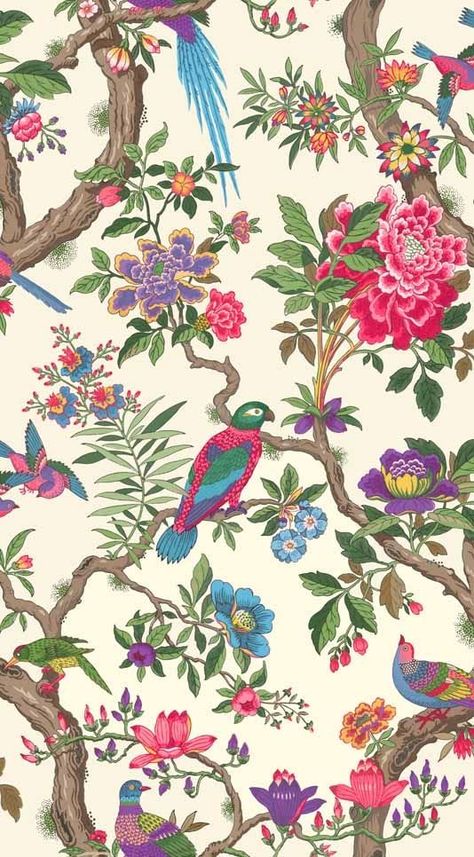 Block Print Wallpaper, Cole And Son Wallpaper, Chinoiserie Wallpaper, Most Beautiful Gardens, Luxury Wallpaper, Bird Perch, Cole And Son, Colorful Birds, Print Wallpaper