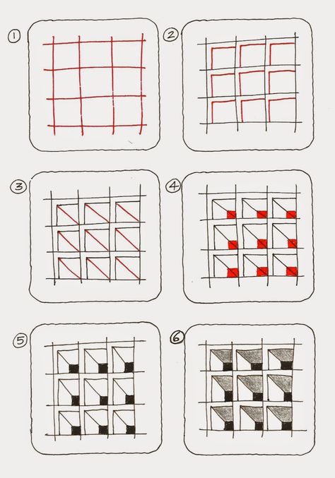 Cubine is one of many 'official' Zentangle patterns. Maria Thomas' drawing steps for Cubine are here , as well as a photo of the inlaid w... Trin For Trin Tegning, Easy Zentangle Patterns, Easy Zentangle, Drawing Steps, Arte Doodle, Zen Doodle Patterns, Zentangle Tutorial, Zentangle Artwork, Tangle Pattern