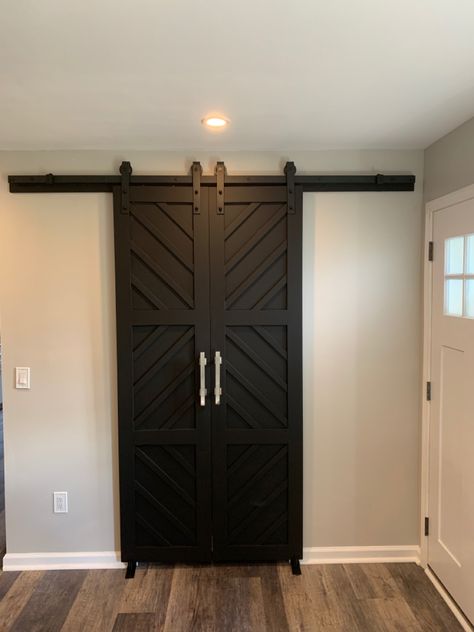 Black Closet Barn Door, Double Barn Doors Living Room, Living Room With Barn Doors, Hallway Closet Sliding Doors, Split Barn Doors Sliding, Farm Closet Doors, Double Farm Doors Sliding, Barb Closet Doors, Two Panel Barn Door