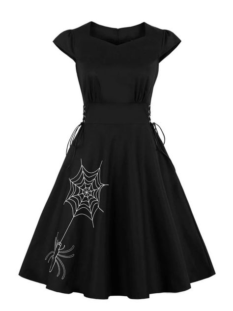 Shop Black Vintage Online | Retro Stage Spider Web Dress, Web Dress, Vintage Corset Dress, Retro Black Dress, 1950s Halloween, Halloween Mode, 1950s Women, Spider Costume, Vestidos Retro