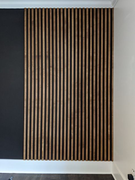 Stained-wood-slat-wall-installed-on-black-wall-progress Modern Wall Paneling, Wood Slat Wall, Wood Accent Wall, Inside Design, Wood Panel Walls, Slat Wall, Wood Slats, Wall Panel, Black Walls