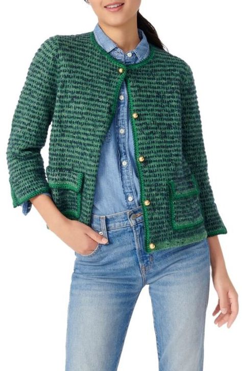 une femme d'un certain age | The classic tweed jacket, updated Green Tweed Jacket Outfit, Green Tweed Jacket, Tweed Jacket Outfit, Green Tweed, Jacket Outfit, Crochet Trim, Tweed Jacket, Jacket Outfits, Sweater Jacket