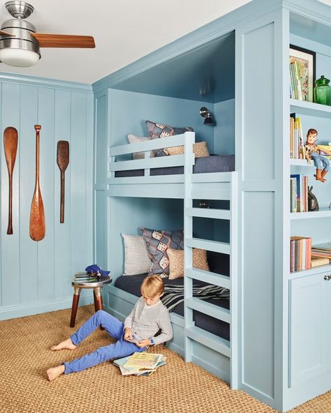 child's bedroom with built in bunk beds blue paint aquitaine by sherwin williams Meredith Ellis, Built In Bunk Beds, Ross Taylor, Bunk Room Ideas, Custom Bookshelves, Bunk Beds Built In, Built In Bunks, Bunk Rooms, Bunk Room