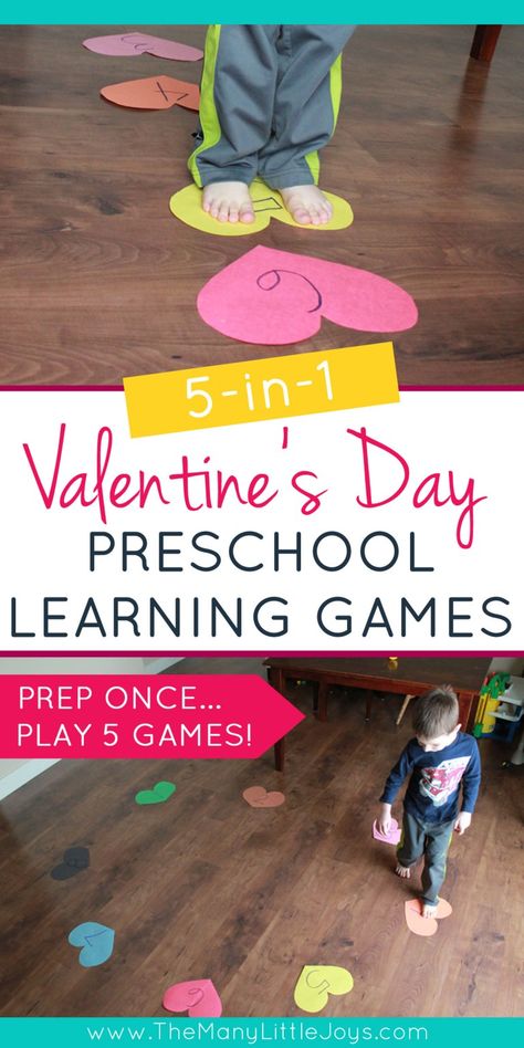 5-in-1 Valentine's learning game for preschoolers - The Many Little Joys Easy Valentine Games For Preschoolers, Preschool Valentines Activities Games, Toddler Valentines Games, Valentines Day Games For Kids Preschool, Valentine Day Preschool Activities, Preschool Love Activities, Preschool Valentines Games, Valentine’s Day Games Preschool, Toddler Valentine Activities