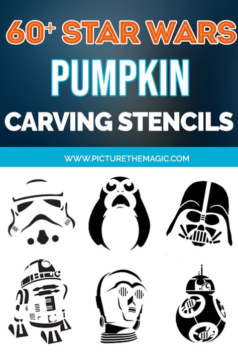 More than 60 free Star Wars pumpkin stencils. Perfect for carving your Halloween pumpkin. Use the Force to make a Darth Vader jack o'lantern! #starwars #halloween #disney #diy #pumpkin #carving #darthvader #stormtrooper #yoda #lukeskywalker #hansolo Starwars Pumpkin Carving Stencils, Pumpkin Stencil Star Wars, Ahsoka Pumpkin Carving, Grogu Pumpkin Carving, Star Wars Painted Pumpkins, Starwars Pumpkin Carving, Starwars Pumpkins, Pumpkin Carving Ideas Star Wars, Mandalorian Pumpkin Carving