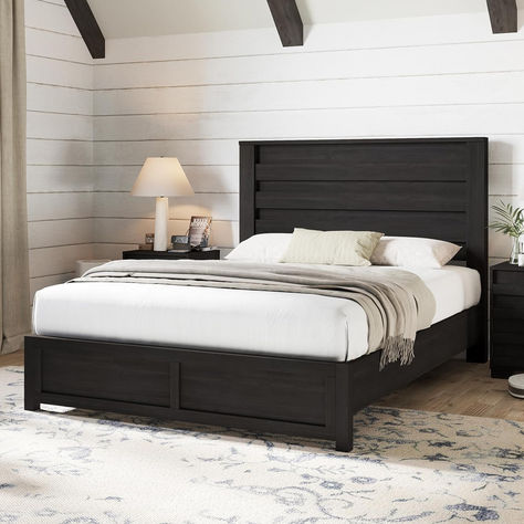 AMERLIFE Farmhouse Full Size Bed Frame with 49" Fluted Headboard, Platform Bed with Natural Wood Grain, No Box Spring Needed/Noise Free, Black Farmhouse King Size Bed, Fluted Headboard, Scalloped Headboard, Plank Headboard, Farmhouse Bed Frame, Headboard Platform Bed, Farmhouse Headboard, Frame Bed, Lit King Size