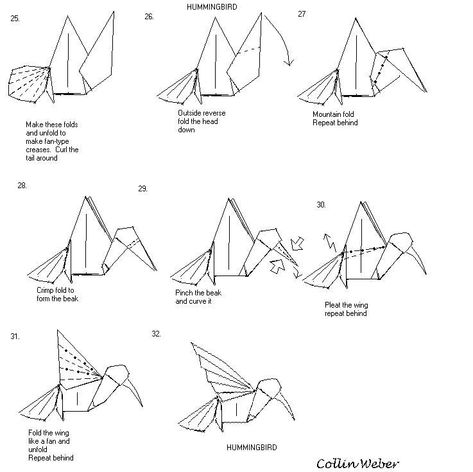 Hummingbird origami plan 4 (Collin Weber) Howler Origami, Hummingbird Paper Craft, Flying Bird Origami Easy, Humming Bird Origami Tutorial, Origami Hummingbird, Origami Fish Base, Money Origami Tutorial, Origami Tattoo, Origami Cube