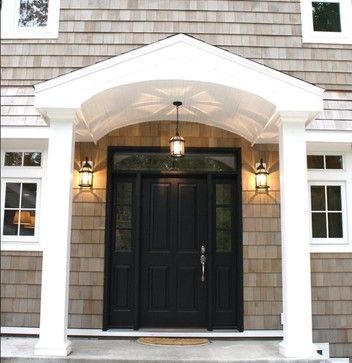 Colonial Front Door Ideas, Colonial Portico, Dutch Colonial Exterior, Colonial Front Door, 1950s Bungalow, Exterior Perspective, White Craftsman, Dutch Colonial House, Front Door Overhang