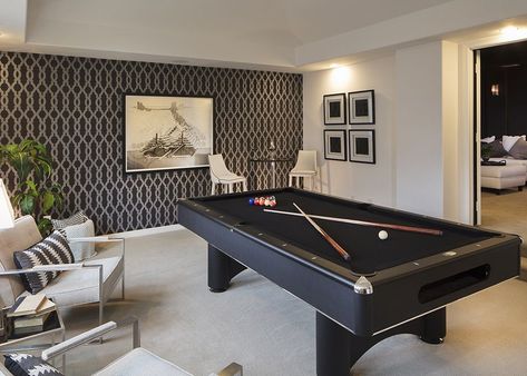 Modern Pool Table Room, Modern Billiard Room, Black Pool Table, Billiards Room Decor, Modern Pool Table, Snooker Room, Pool Table Room, Billiards Room, Black Pool