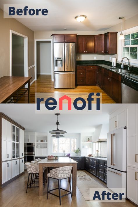 Kitchen Remodel: Before & After | See this stunning kitchen transformation | #kitchen #kitchenrenovation #kitchenremodel #kitchenbefore andafter #beforeandafter #homedecor #kitchenprojects Kitchen Expansion Before And After, Financing Tips, Kitchen Renovation Diy Ideas, Fixer Upper Homes, Exterior House Remodel, Kitchen Hacks Organization, Kitchen Remodel Before And After, Exterior Remodel, Reno Ideas