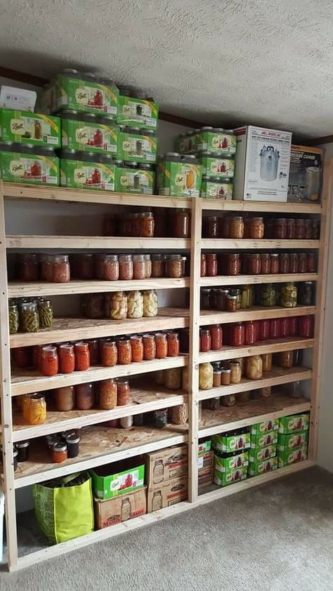 Dry Storage Ideas, Cold Storage Pantry, Shelving For Canning Jars, Canning Shelf Plans, Diy Canning Storage Shelves, Canning Room Ideas Small Spaces, Farm Kitchen Organization, Canned Good Shelving, Root Cellar Shelving