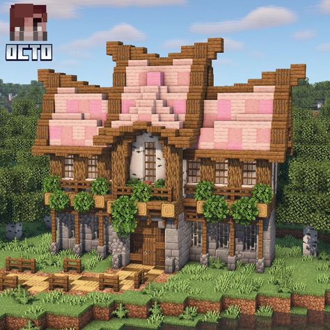 Oak Minecraft House Aesthetic, Block Combination Minecraft, Minecraft Royal House, Minecraft Blackstone House, Pale Wood House Minecraft, Cherry Starter House Minecraft, Minecraft Castle Room Ideas, Minecraft Enchanting House, Copper House Minecraft