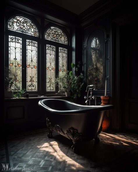 Gothic Revival Bathroom, Black Gothic Bathroom, Knightcore Aesthetic, Alchemy Room, Modern Gothic Home, Goth Bedroom Ideas, Sauna Bathroom Design, Avengers Oc, Gothic Interior Design