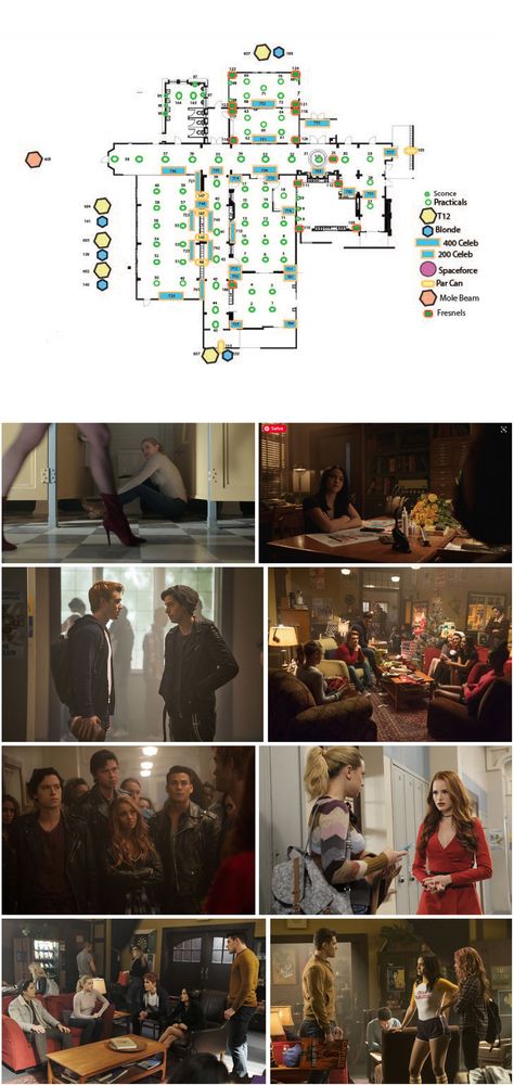 This lighting diagram illustrates the production's approach to the Lodge family's apartment Riverdale High School, Lighting Diagram, Building Inspiration, Family Apartment, Riverdale, Mole, Cinematography, High School, Apartment