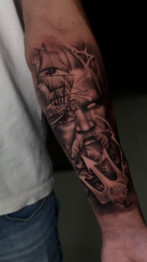 Poseidon Tattoos For Men, Poseidon Tattoo Forearm, Ancient Greece Tattoo Mythology, Greek Forearm Tattoo Men, Poseidon Tattoo Sleeve, Realistic Tattoo Ideas, Viking Ship Tattoo, Hand Tattoos Pictures, Ship Tattoo Sleeves