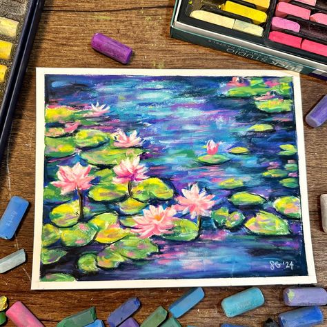 Another one in the books! Water Lilies - available for purchase! Message me with inquiries 😊 _____ Soft pastel impressionist portrait, soft pastel Impressionism painting, painting of water lilies #softpastel #pastel #pastelpainting #pastelart #impressionism #impressionist #art #waterlilies #landscape #landscapepainting Soft Pastel Landscape Paintings, Oil Pastel Art Landscape, Soft Pastels Paintings, Pastel Landscape Paintings, Landscape Oil Pastel, Pastel Impressionism, Painting Of Water, Soft Pastel Drawing, Oil Pastel Landscape