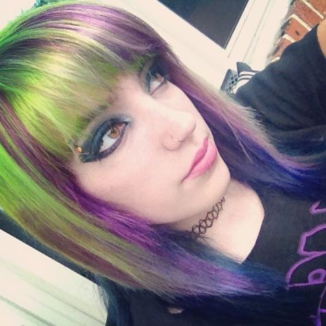 Purple Hair With Green Highlights, Purple And Lime Green Hair, Purple And Neon Green, Lavender And Green Hair, Green Purple Hair, Purple And Green Hair, Neon Green Hair, Purple Hair Highlights, Split Dyed Hair