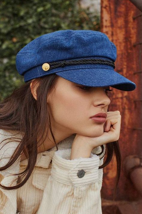 Urban Outfitters Denim Captain Hat #ad Perfect for Festival season Fall Hats For Women, Breton Hat, Best Winter Hats, Women Hats Fashion, Stylish Caps, Fall Hats, Fashion Videos, Winter Hats For Women, Outfits With Hats