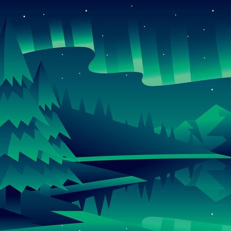 Illustration Simple, Travel Posters, Pixel Art, Vector Art, Aurora, Northern Lights, Vector Images, Green, Travel