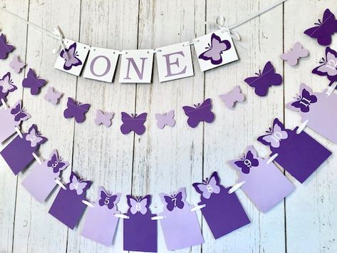 Butterfly First Birthday Decor ONE High Chair Banner 12 | Etsy Butterfly First Birthday, Butterfly 1st Birthday, Butterfly Birthday Party Decorations, 12 Month Photo Banner, Butterfly Birthday Theme, Butterfly Baby Shower Theme, First Birthday Decor, Purple Centerpieces, Birthday Butterfly