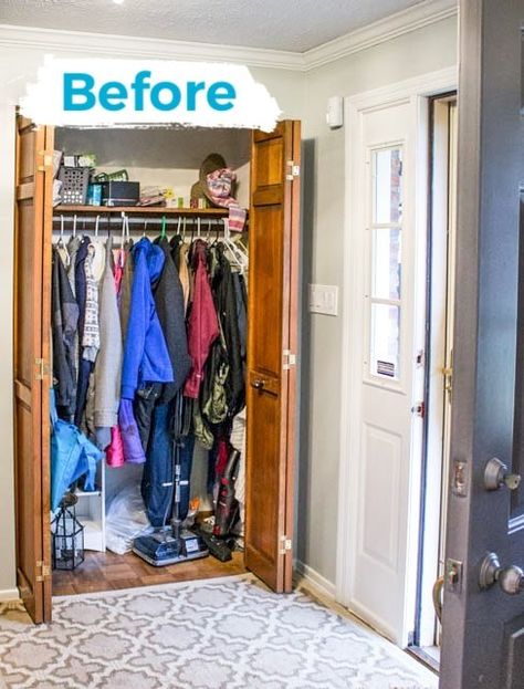 Entry Way Closet Makeover, Entryway Closet Organization, Entry Way Closet, Closet Makeover Diy, Mudroom Closet, Front Closet, Mudroom Makeover, Coat Closet Organization, Entry Closet