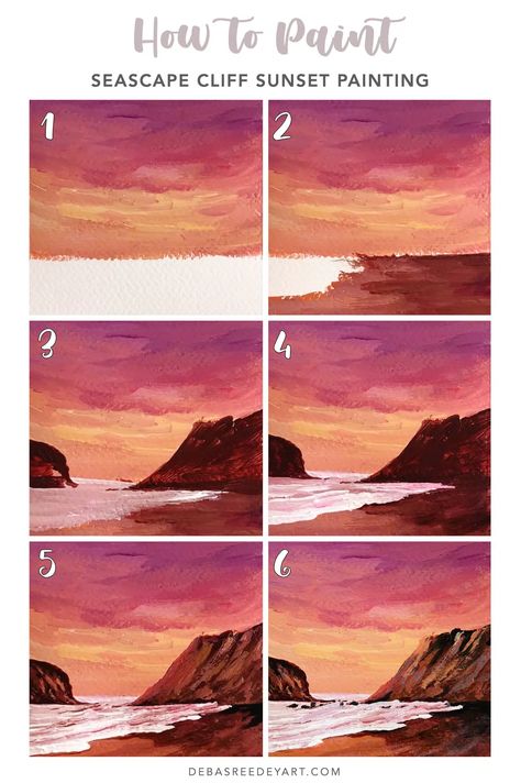 Sunset Seascape Beach Painting with Cliffs - Debasree Dey Art Learn Acrylic Painting, Magical Landscapes, Online Painting Classes, Sunset Seascape, Easy Landscape Paintings, Colorful Sunset, Start Painting, Painting Courses, Acrylic Painting Lessons