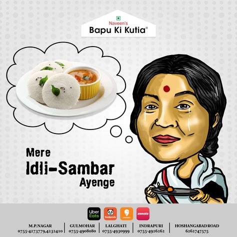 Bapu ki Kutia Post Idli Sambar, Bollywood Theme, Food Cart Design, Food Memes, Food Menu Design, Mood Food, Food Advertising, Food Graphic Design, South Indian Food