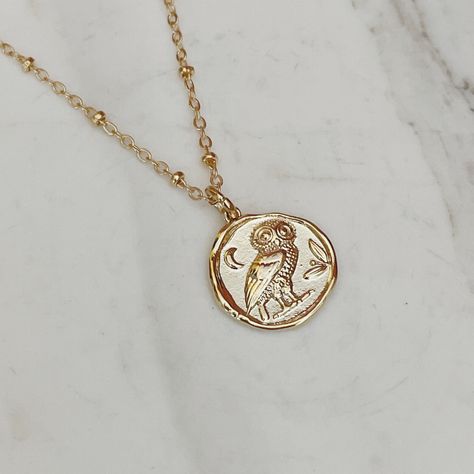 Timeless never goes out of style. Greek Coin Necklace, Pjo Merch, Athena Jewelry, Athena Necklace, Hourglass Logo, Owl Of Athena, Epic Costumes, Gold Owl, Greek Pantheon